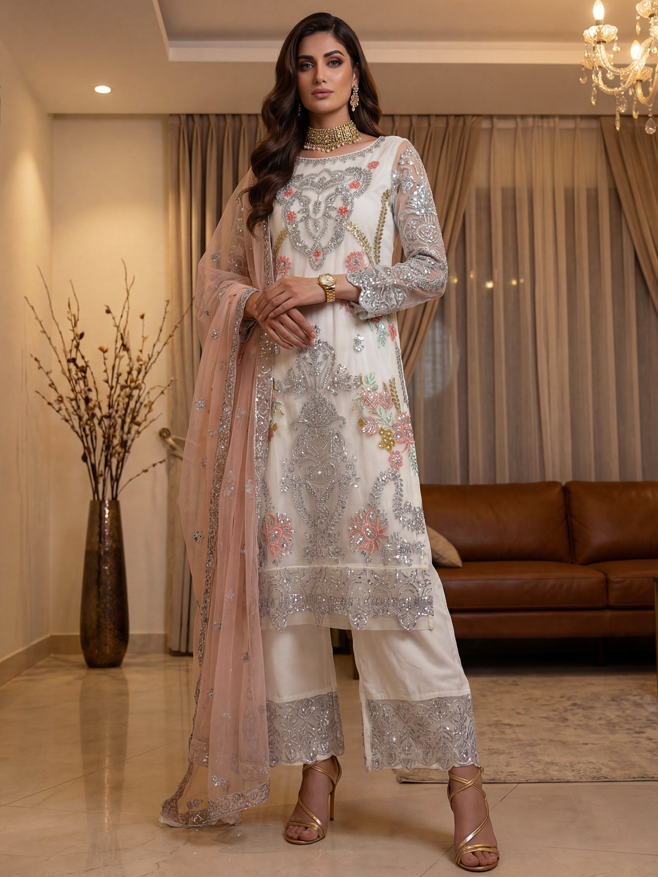 Glorious White Sequins Embroidery Net Festive Special Pant Suit