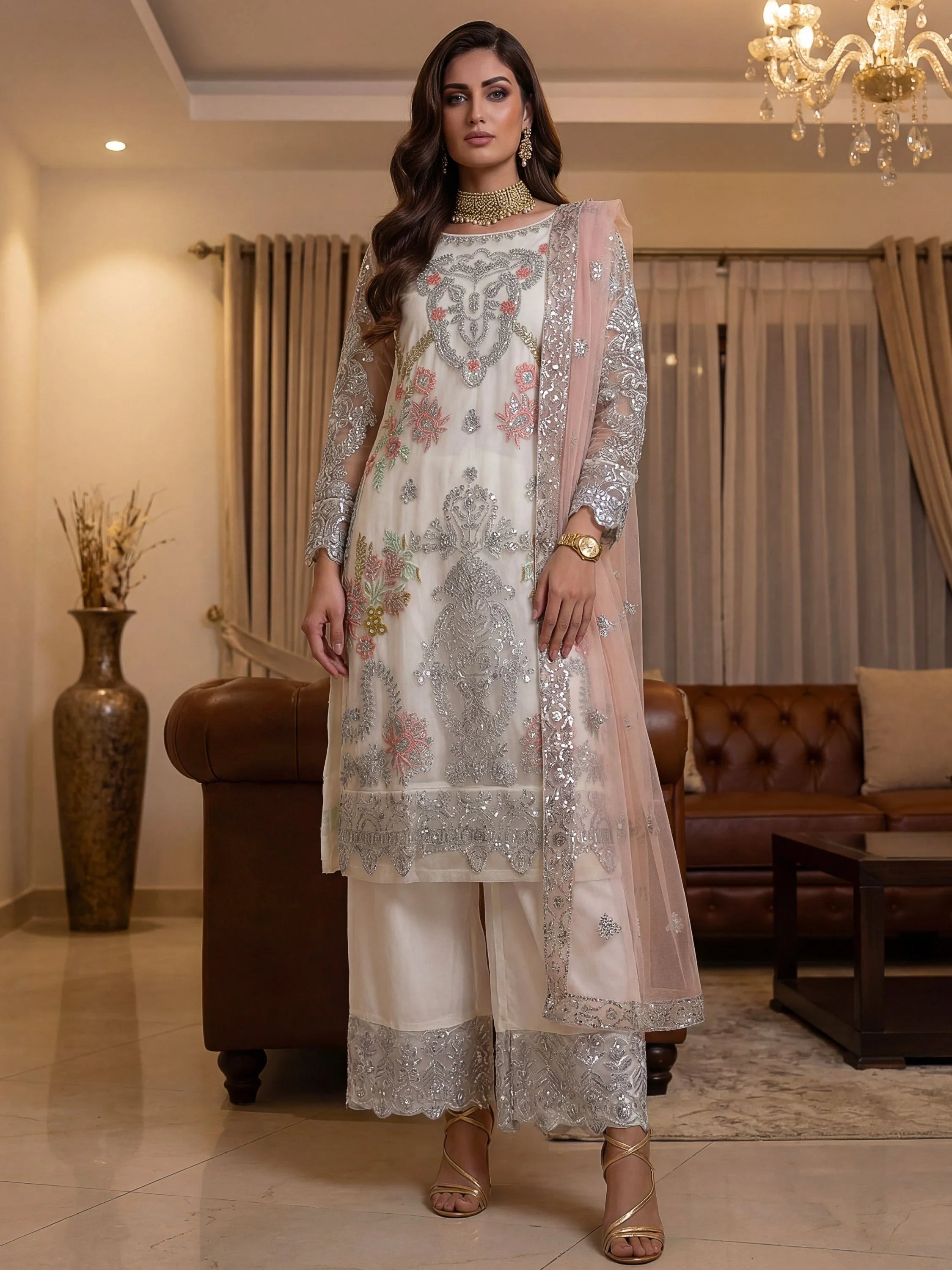 Glorious White Sequins Embroidery Net Festive Special Pant Suit