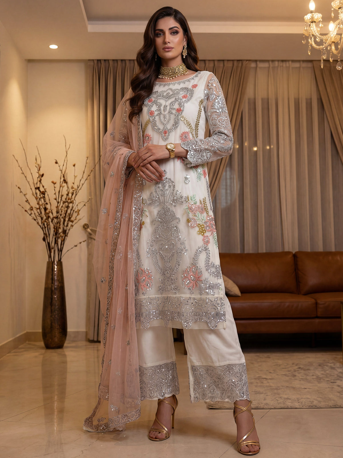 Glorious White Sequins Embroidery Net Festive Special Pant Suit