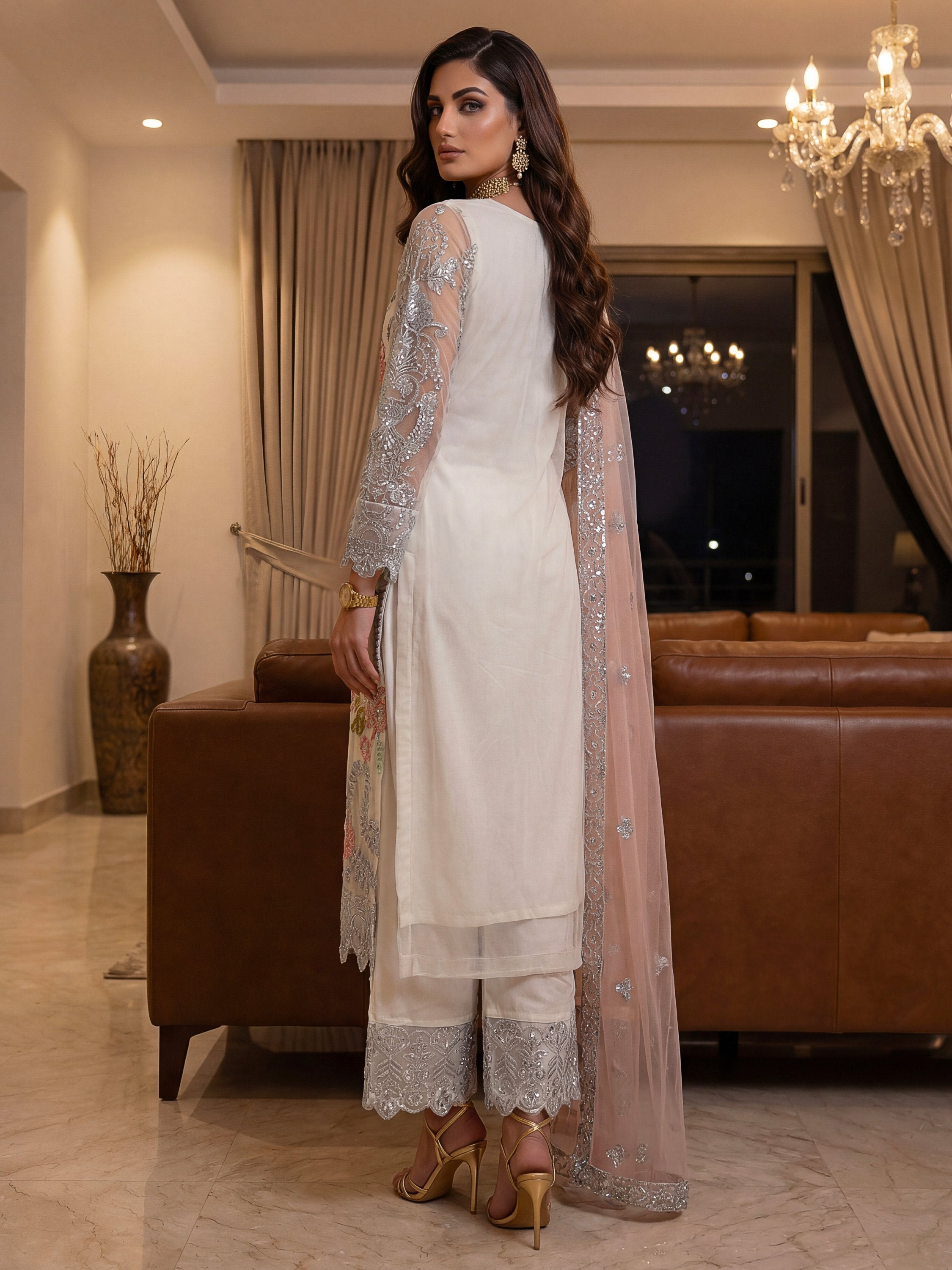Glorious White Sequins Embroidery Net Festive Special Pant Suit