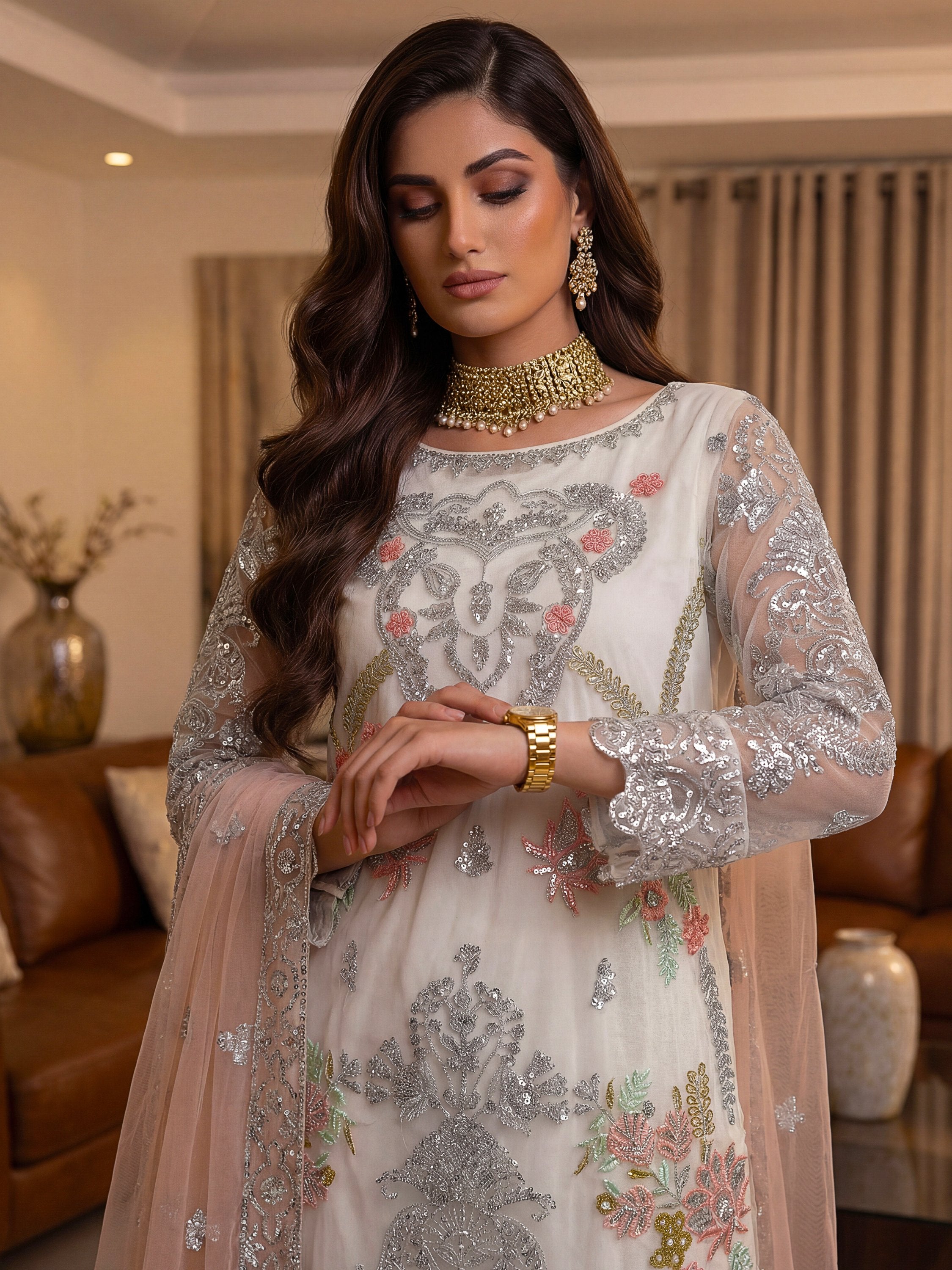 Glorious White Sequins Embroidery Net Festive Special Pant Suit