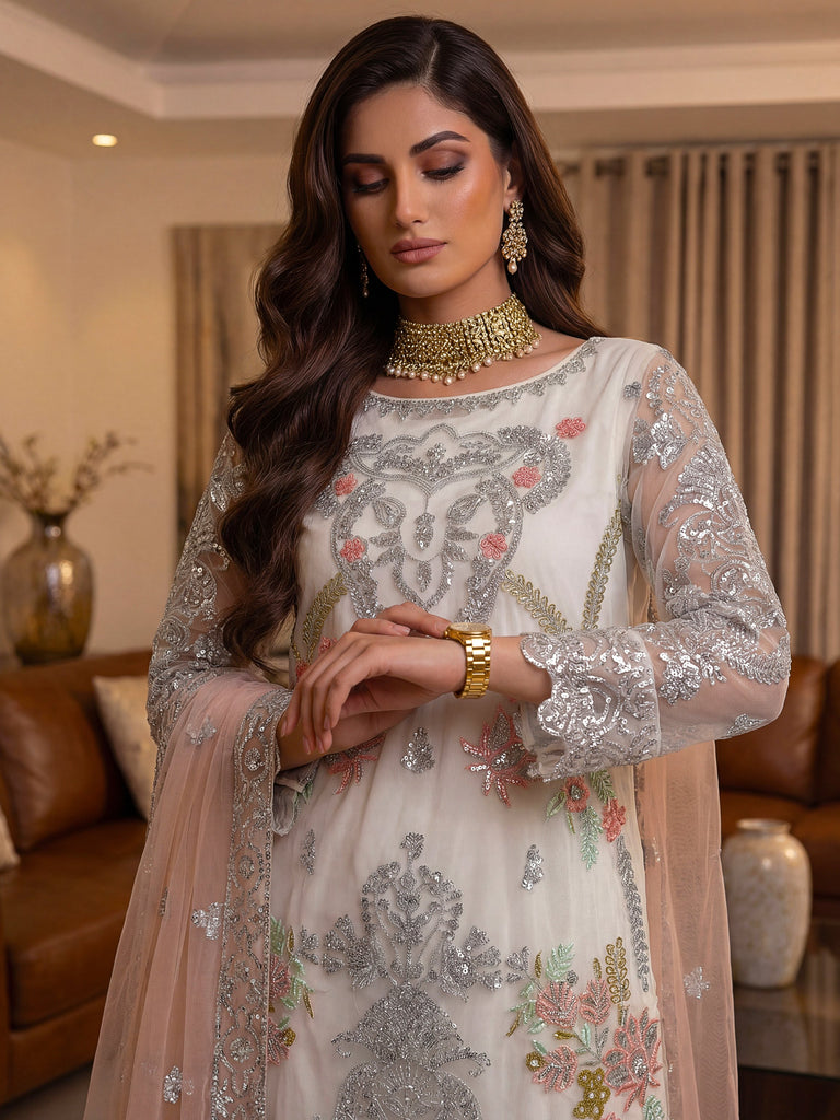 Glorious White Sequins Embroidery Net Festive Special Pant Suit