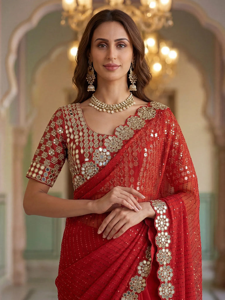 Sparkling Red Real Mirror Border Georgette Bridal Saree With Blouse