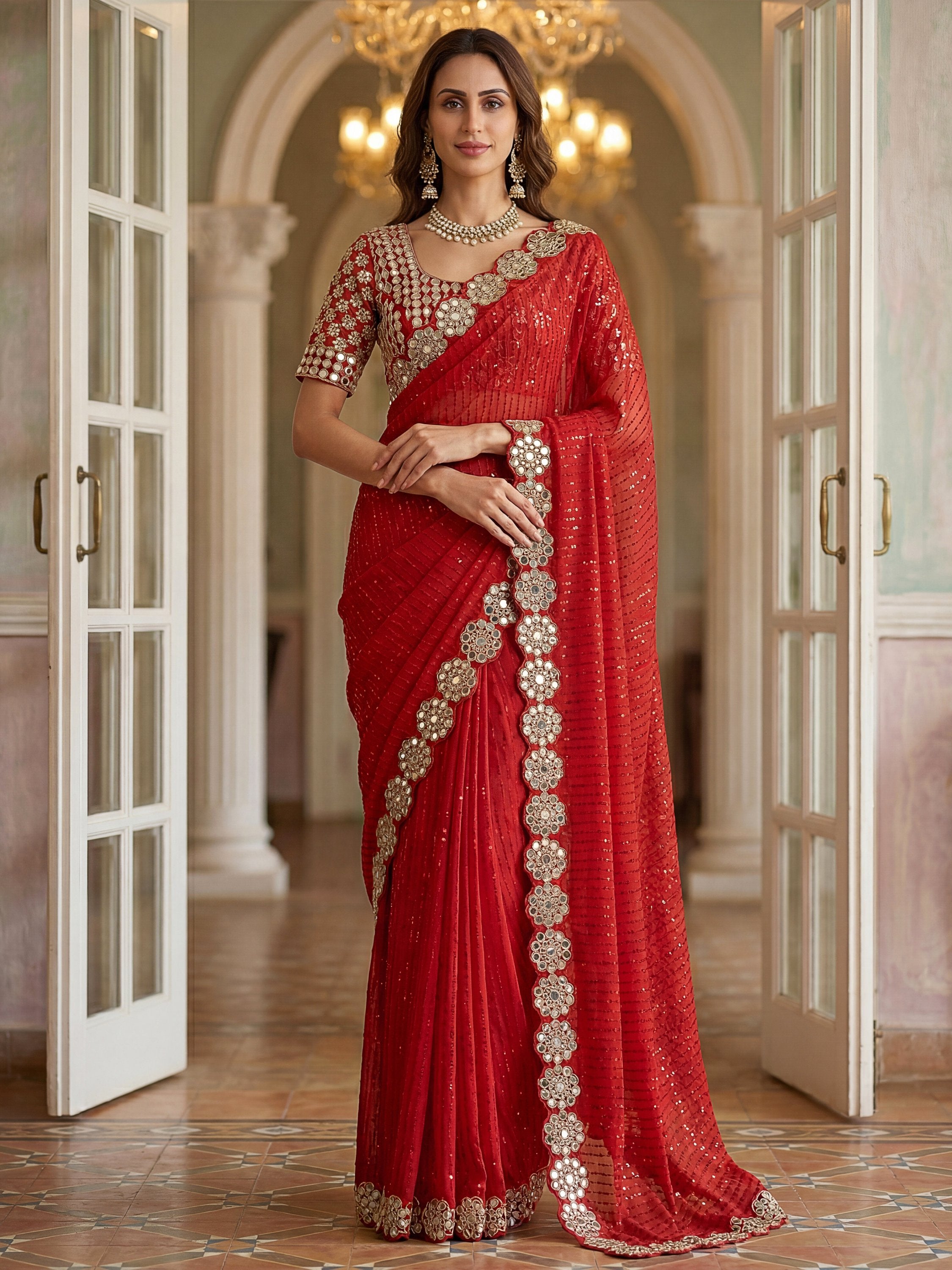 Sparkling Red Real Mirror Border Georgette Bridal Saree With Blouse