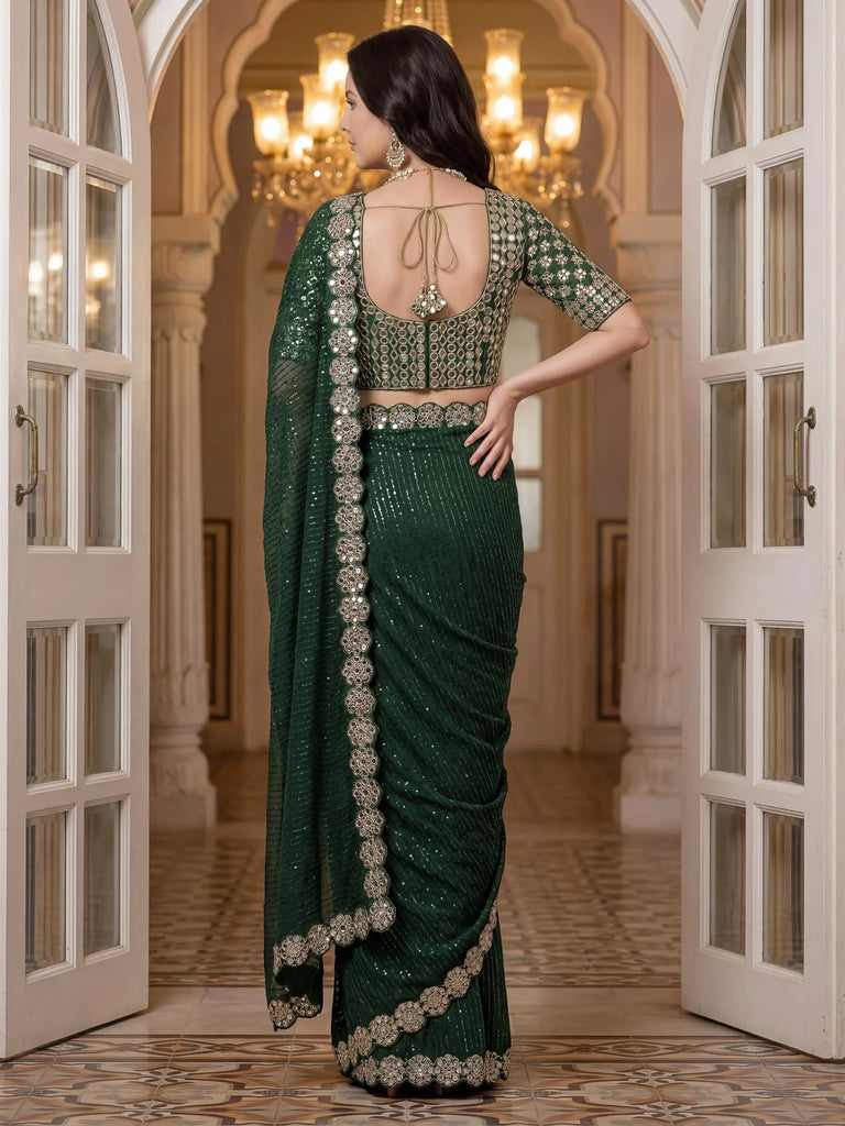 Ravishing Green Mirror Border Work Georgette Reception Wear Saree With Blouse
