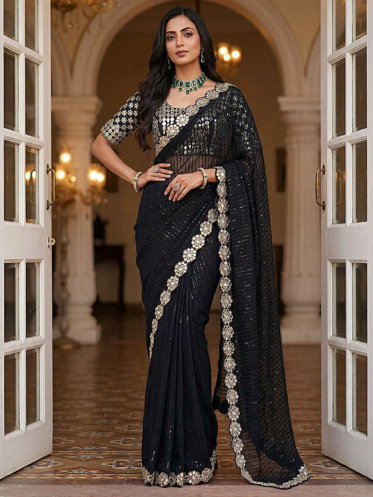 Glamorous Black Real Mirror Border Georgette Party Wear Saree With Blouse
