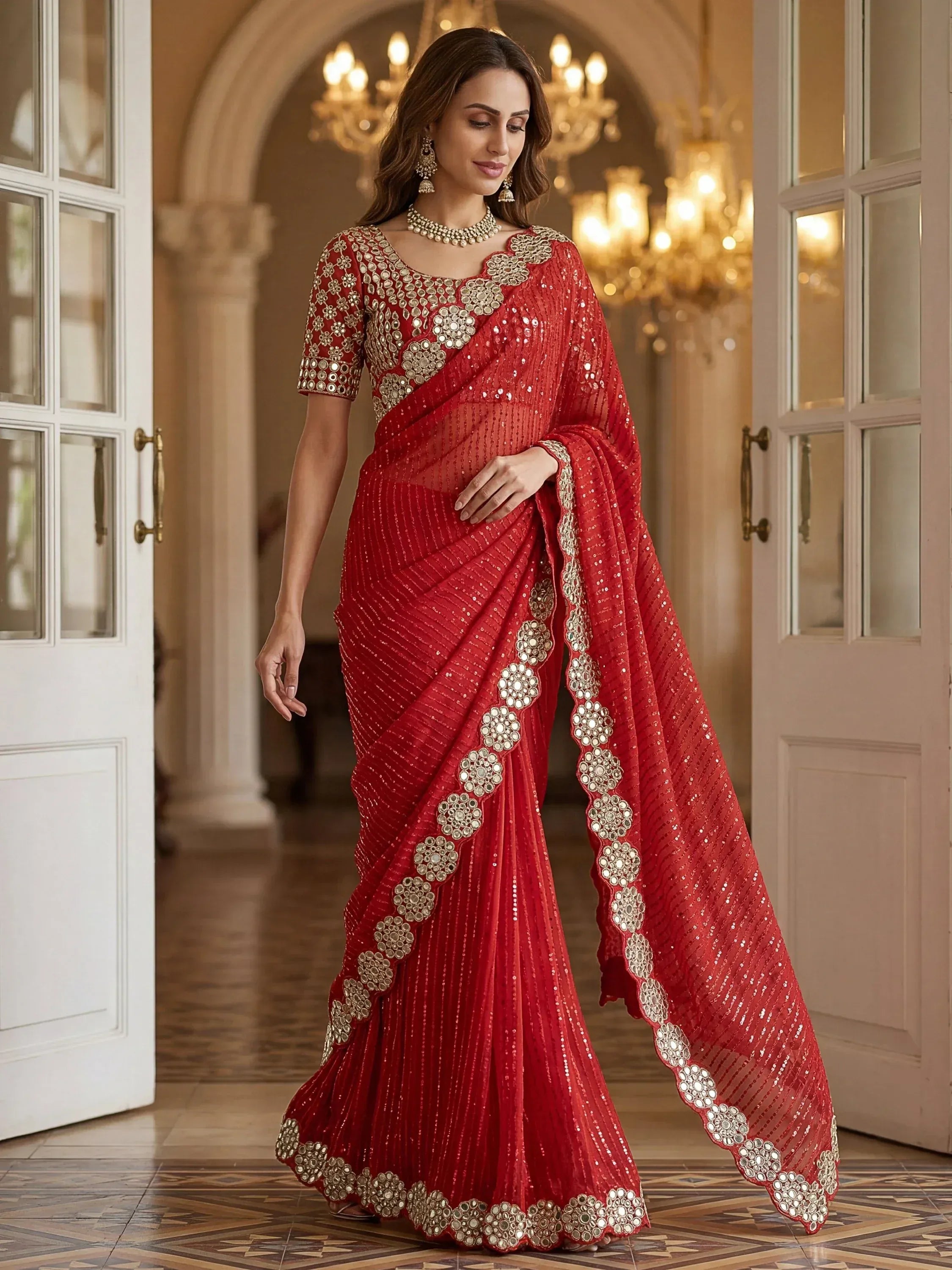 Sparkling Red Real Mirror Border Georgette Bridal Saree With Blouse