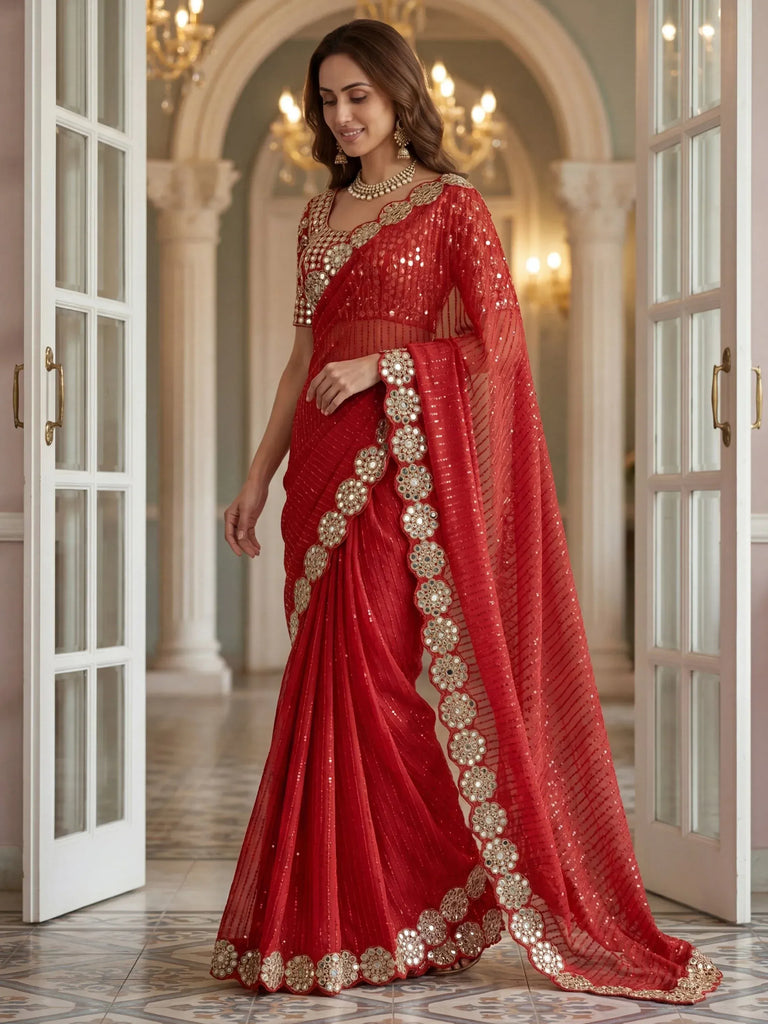 Sparkling Red Coding Work Georgette Bridal Saree With Blouse