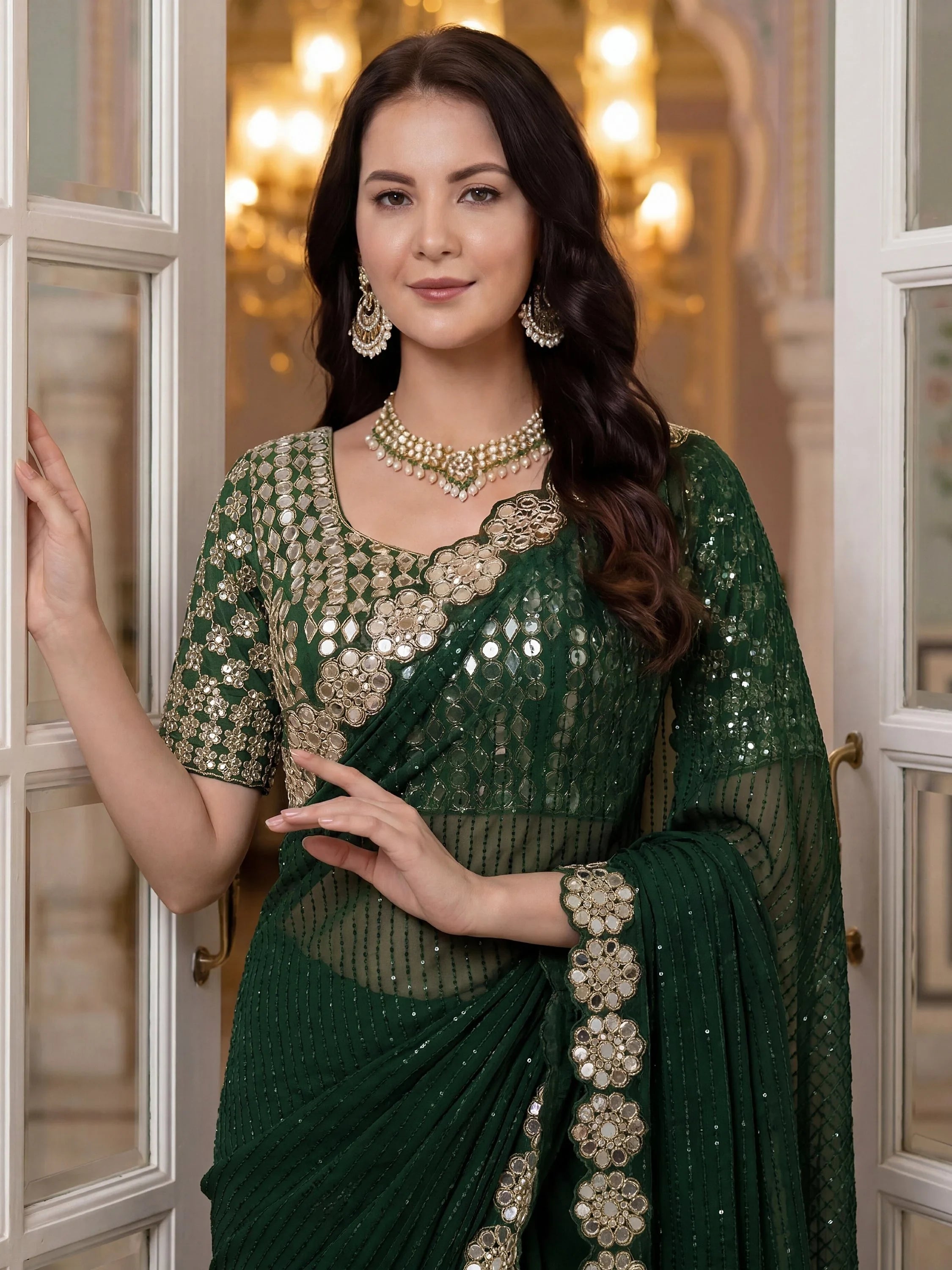 Ravishing Green Mirror Border Work Georgette Reception Wear Saree With Blouse