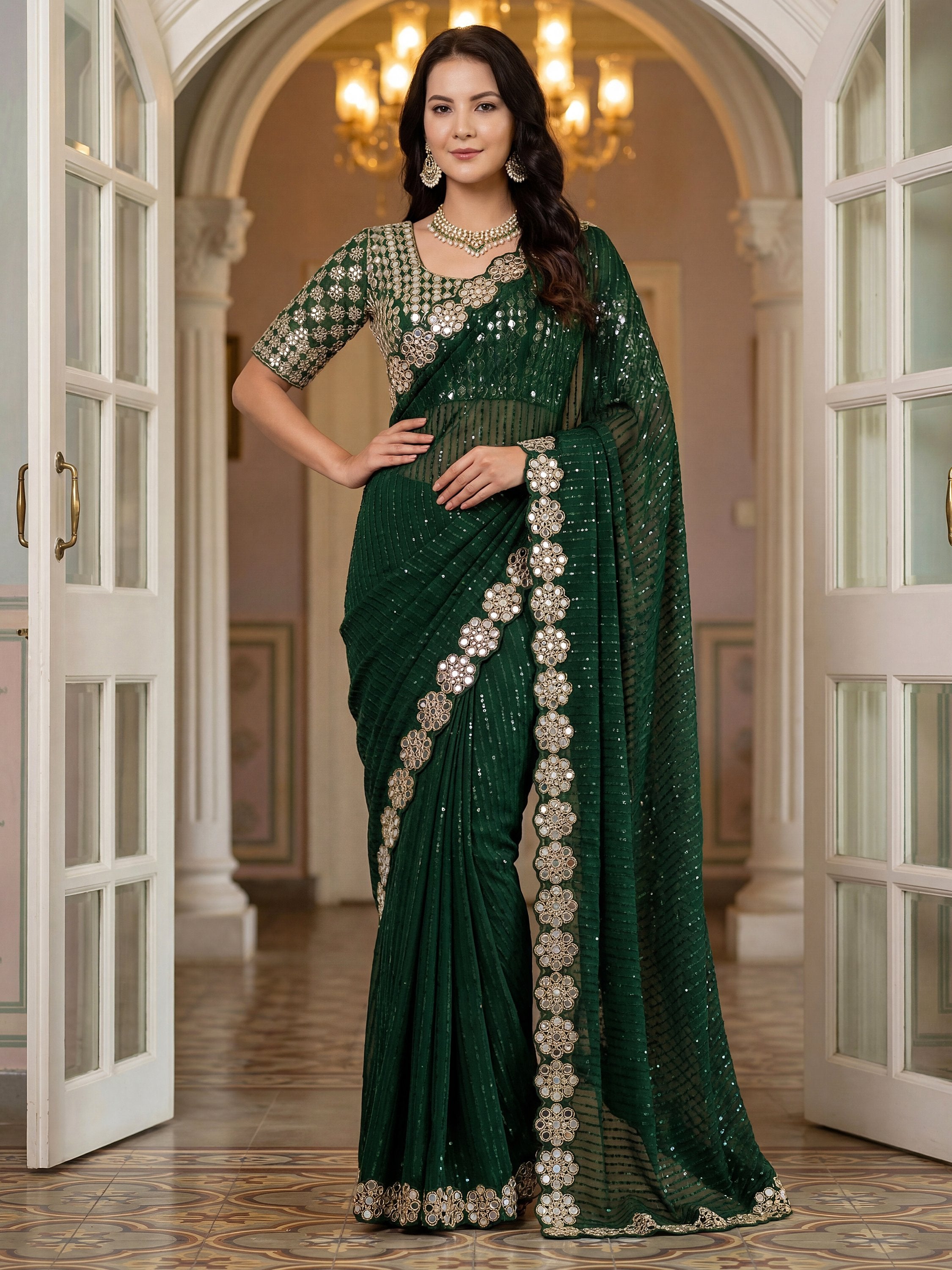 Ravishing Green Mirror Border Work Georgette Reception Wear Saree With Blouse