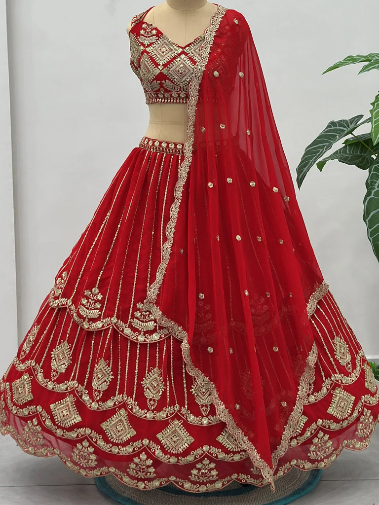 Awesome Red Embroidered Georgette Wedding Wear Lehenga Choli