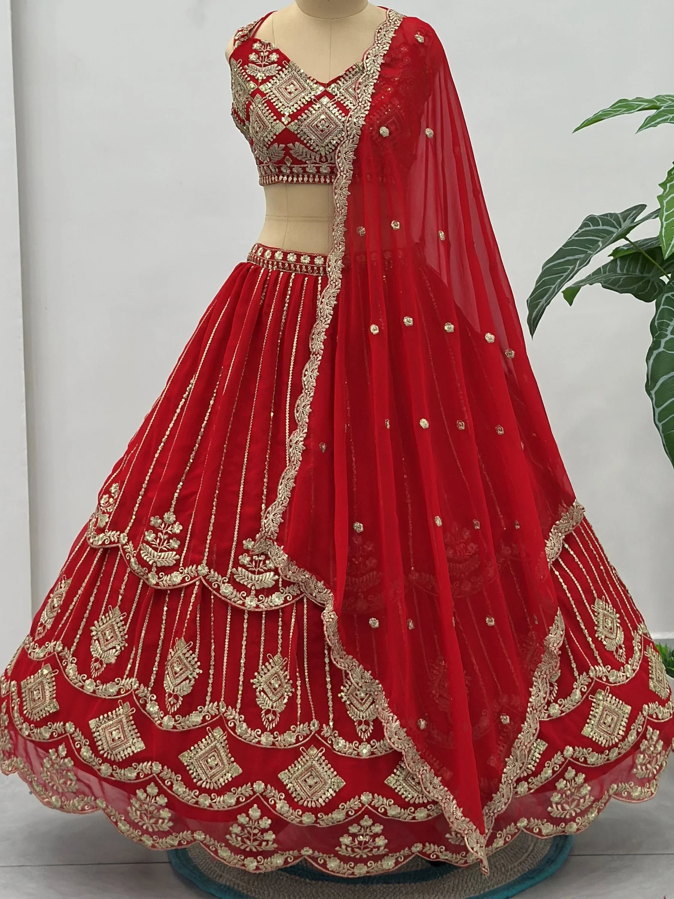 Awesome Red Embroidered Georgette Wedding Wear Lehenga Choli