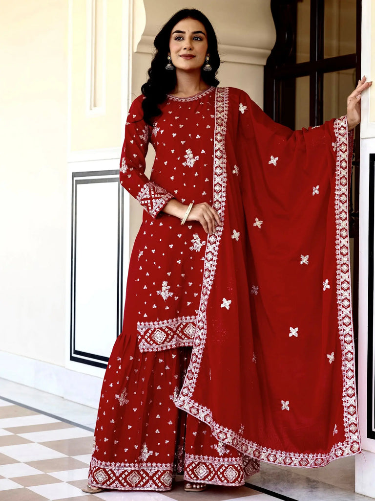 Graceful Red Embroidered Chinon Silk Festive Wear Gharara Suit