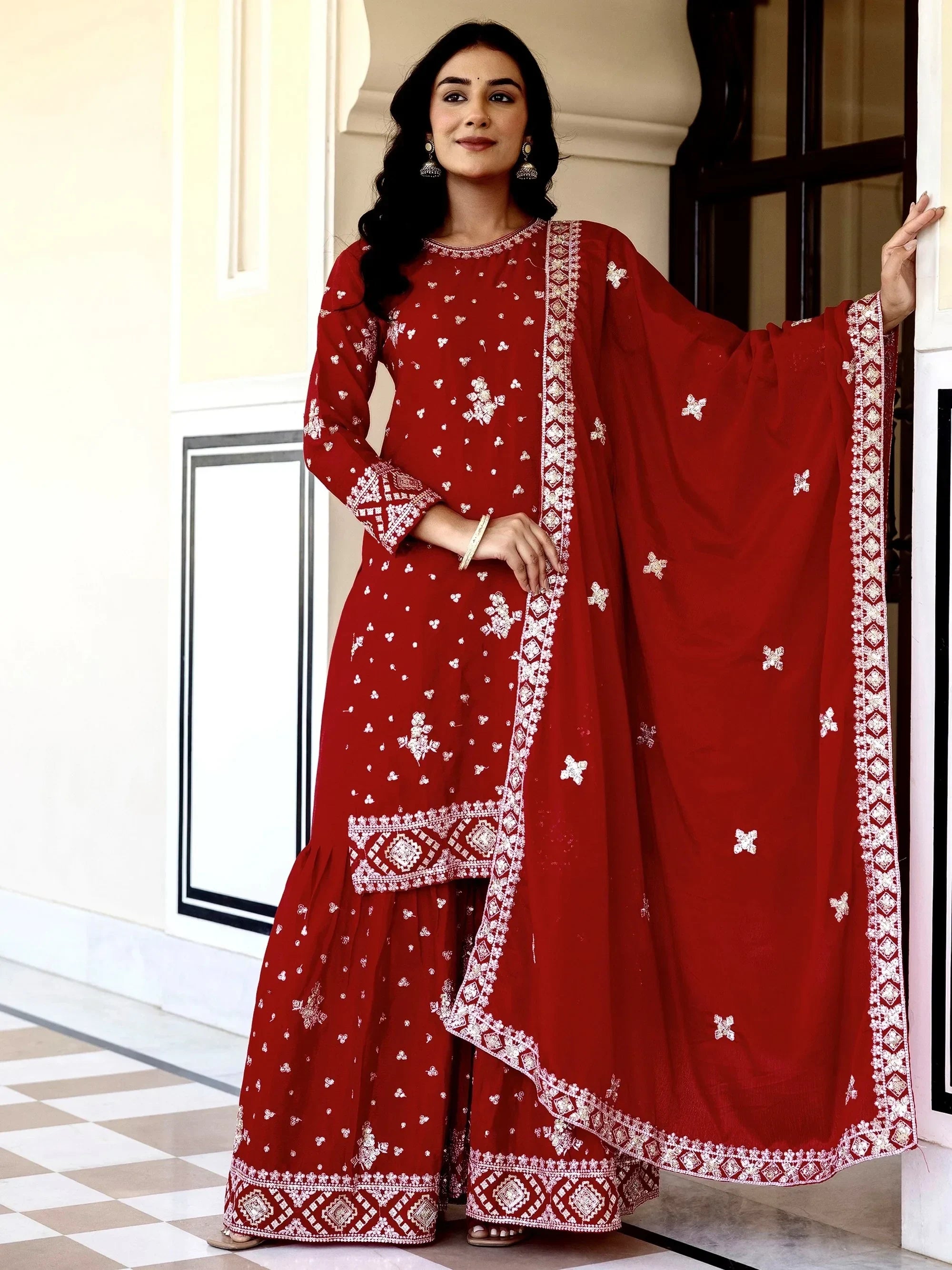 Graceful Red Embroidered Chinon Silk Festive Wear Gharara Suit
