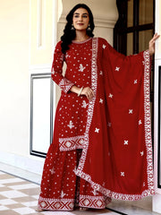 Graceful Red Embroidered Chinon Silk Festive Wear Gharara Suit