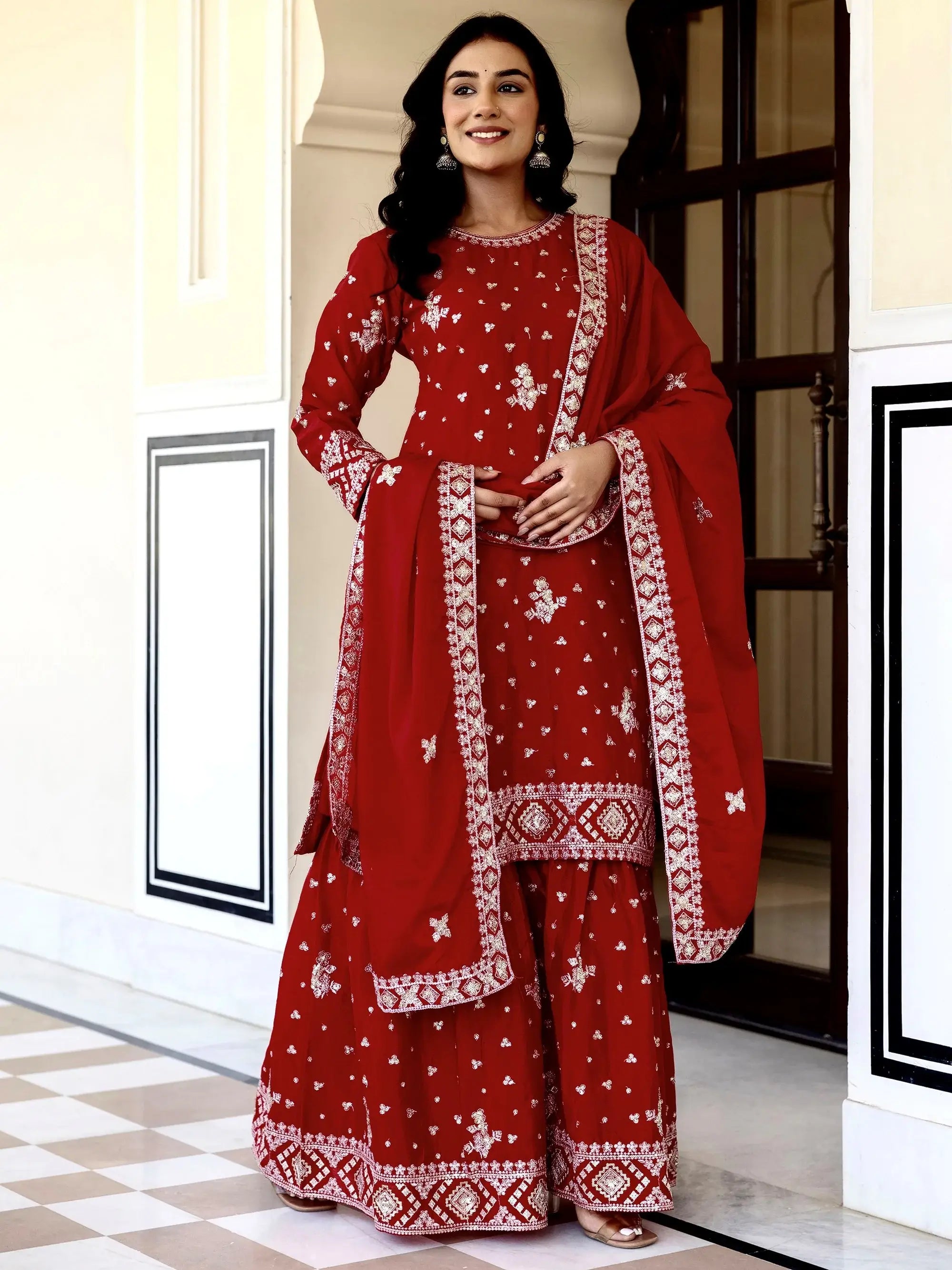 Graceful Red Embroidered Chinon Silk Festive Wear Gharara Suit