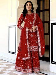 Graceful Red Embroidered Chinon Silk Festive Wear Gharara Suit