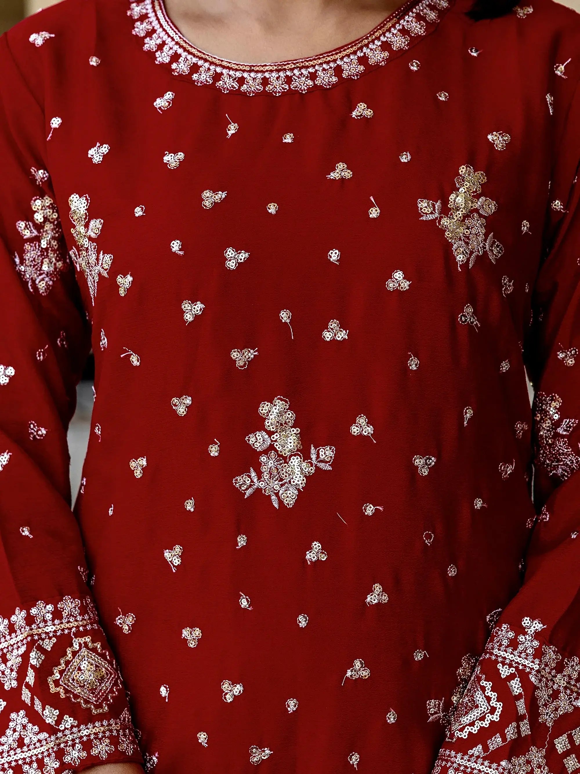 Graceful Red Embroidered Chinon Silk Festive Wear Gharara Suit