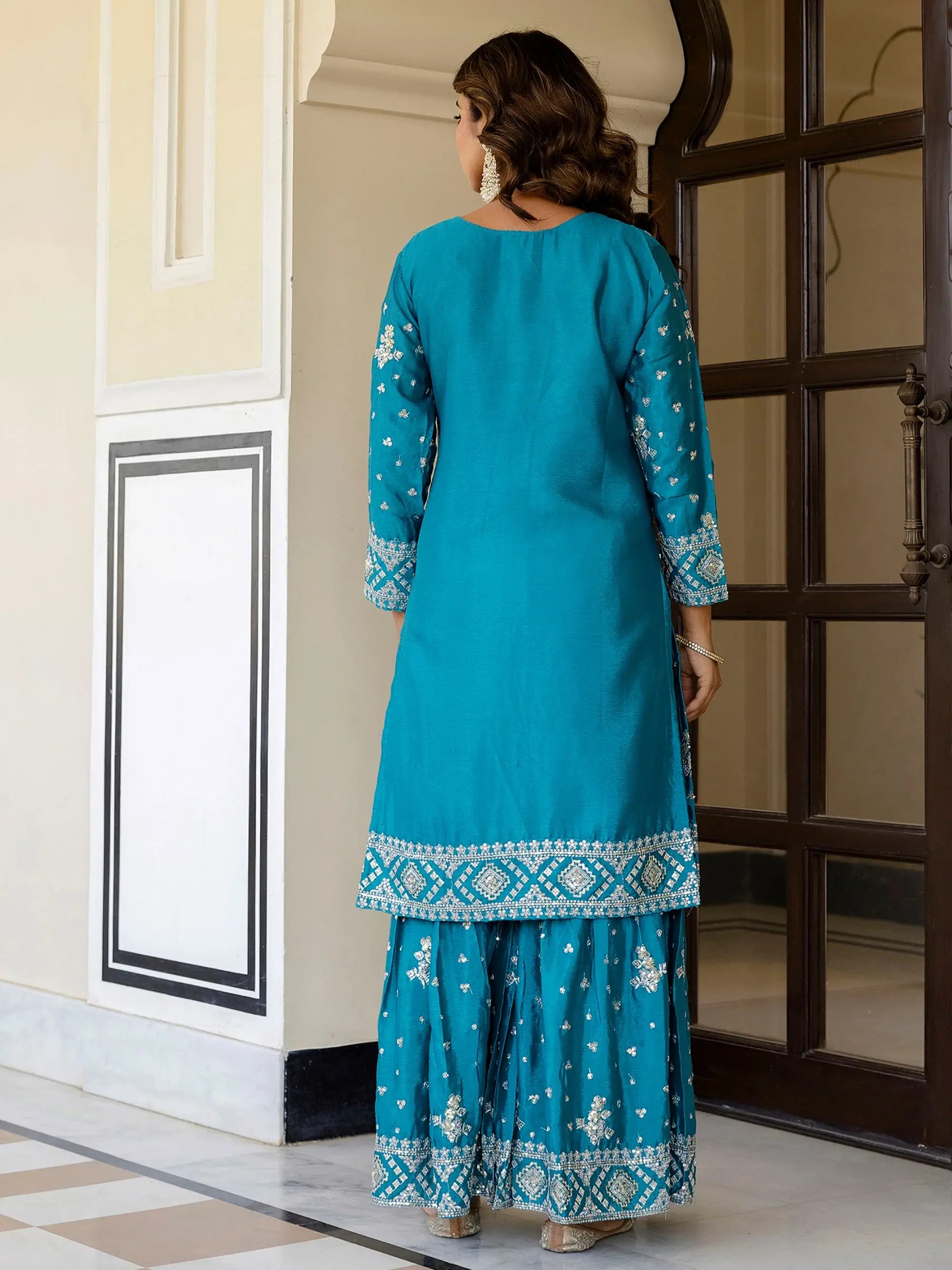 Captivating Blue Embroidered Chinon Silk Wedding Wear Gharara Suit