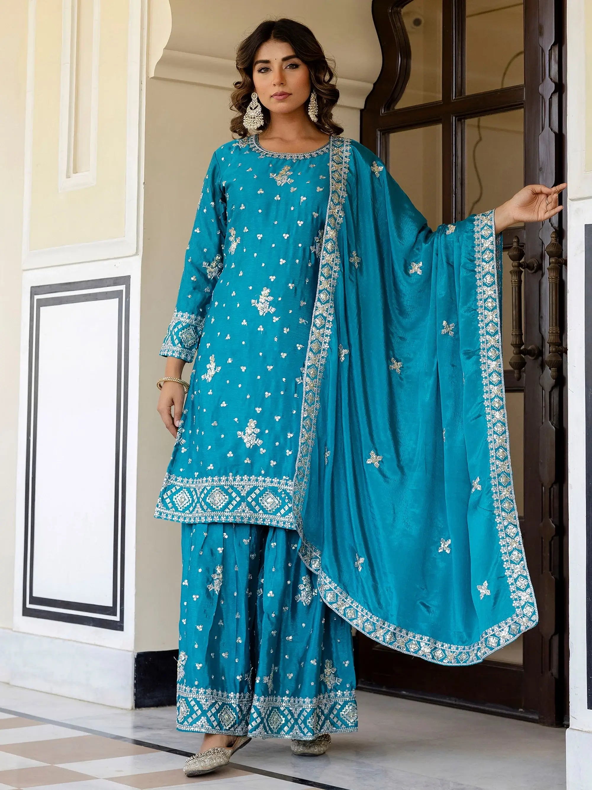 Captivating Blue Embroidered Chinon Silk Wedding Wear Gharara Suit