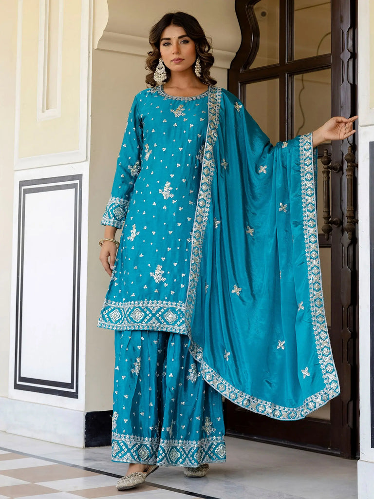 Captivating Blue Embroidered Chinon Silk Wedding Wear Gharara Suit