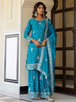 Captivating Blue Embroidered Chinon Silk Wedding Wear Gharara Suit