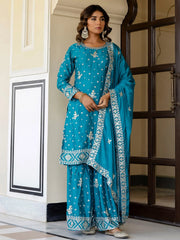 Captivating Blue Embroidered Chinon Silk Wedding Wear Gharara Suit