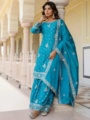 Captivating Blue Embroidered Chinon Silk Wedding Wear Gharara Suit