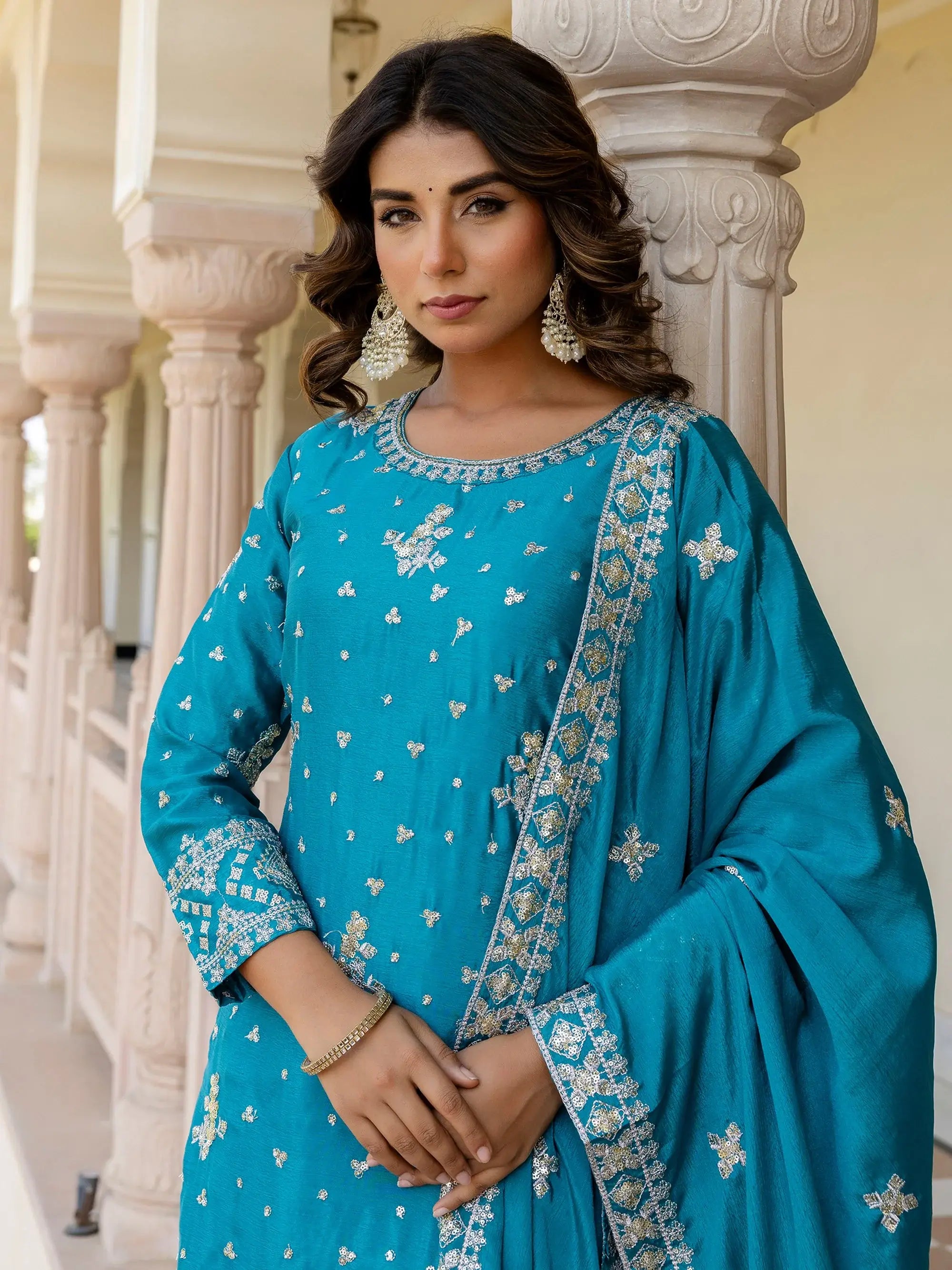 Captivating Blue Embroidered Chinon Silk Wedding Wear Gharara Suit