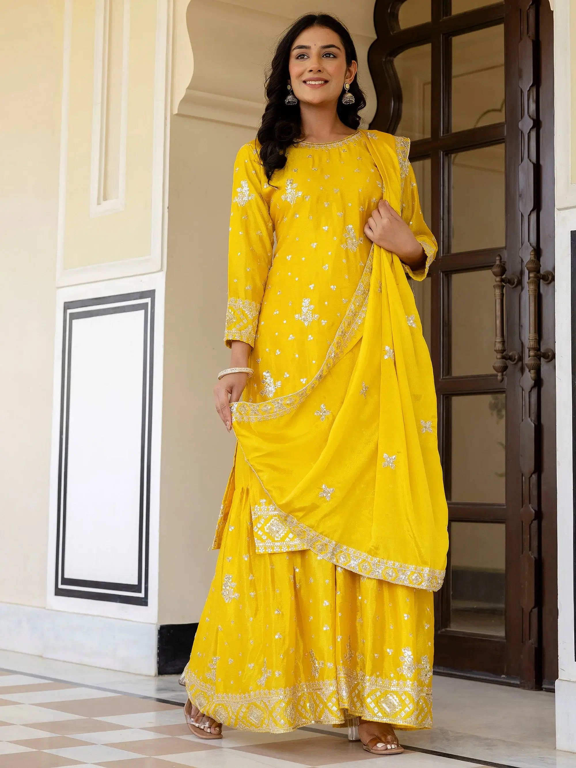 Glowing Yellow Embroidered Chinon Silk Festival Wear Gharara Suit
