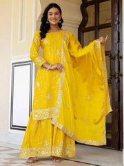 Glowing Yellow Embroidered Chinon Silk Festival Wear Gharara Suit