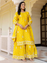Glowing Yellow Embroidered Chinon Silk Festival Wear Gharara Suit