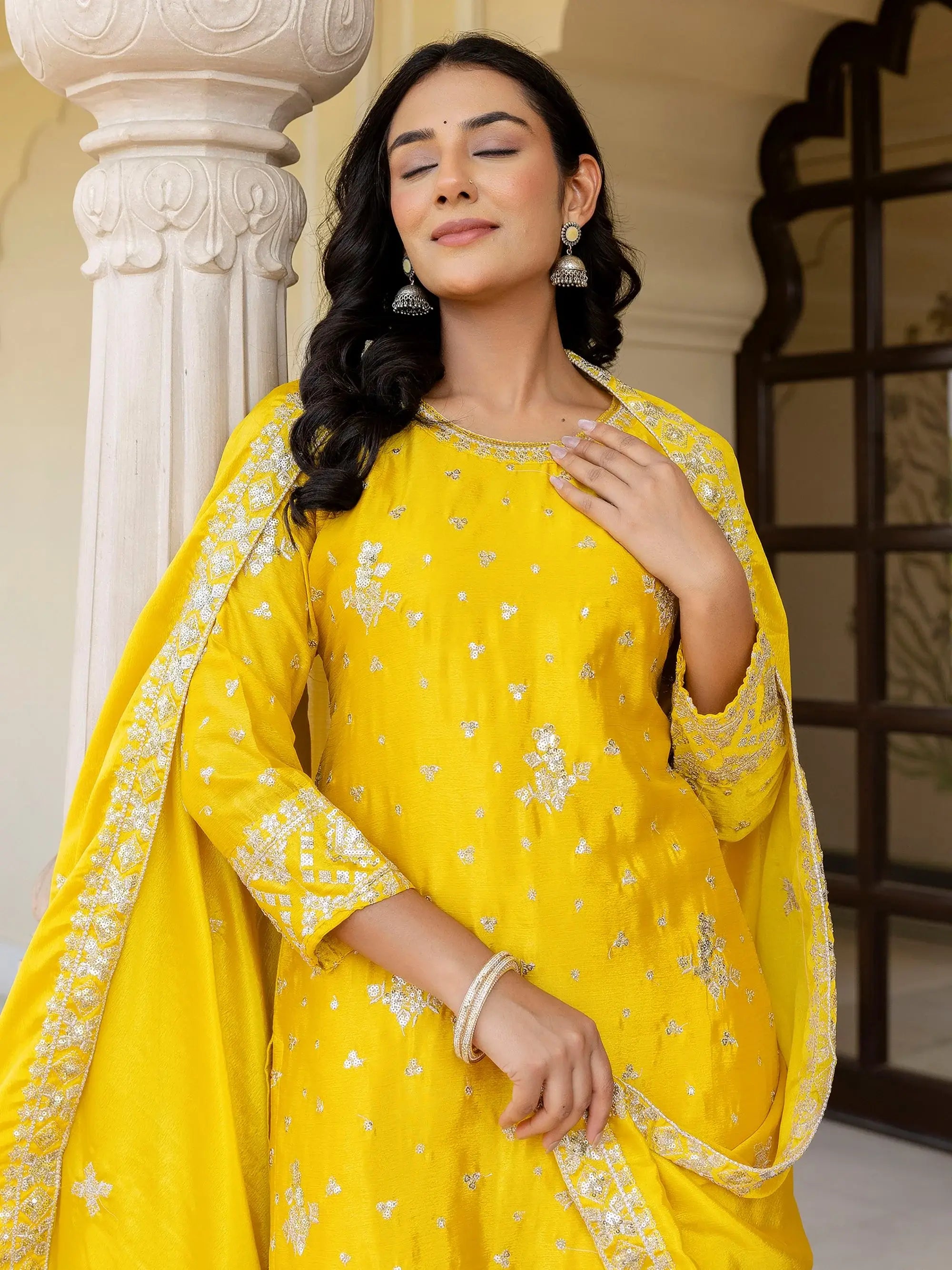 Glowing Yellow Embroidered Chinon Silk Festival Wear Gharara Suit