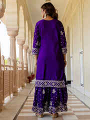 Sparkling Purple Embroidered Chinon Silk Wedding Wear Gharara Suit