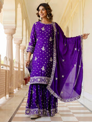 Sparkling Purple Embroidered Chinon Silk Wedding Wear Gharara Suit