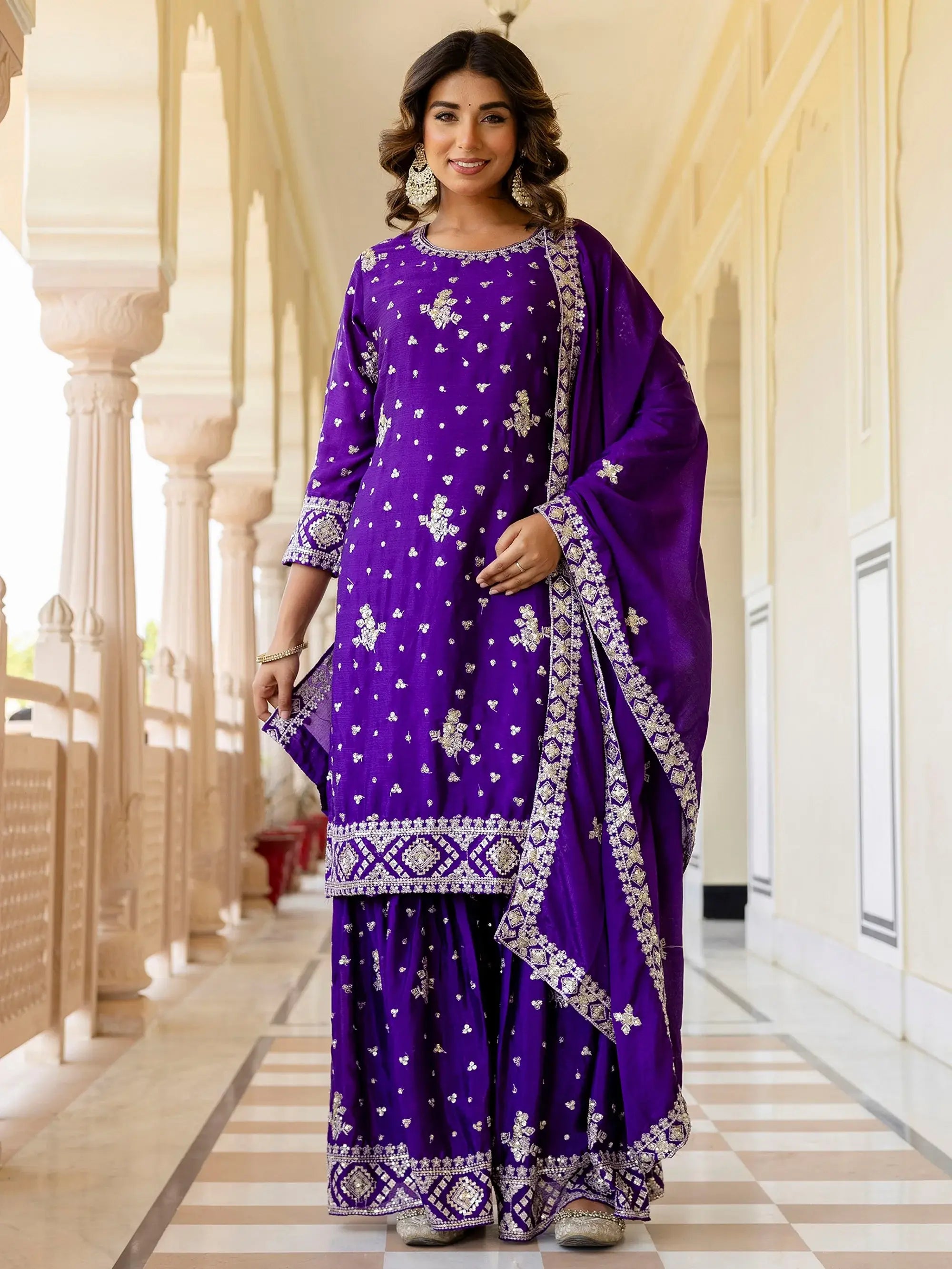 Sparkling Purple Embroidered Chinon Silk Wedding Wear Gharara Suit