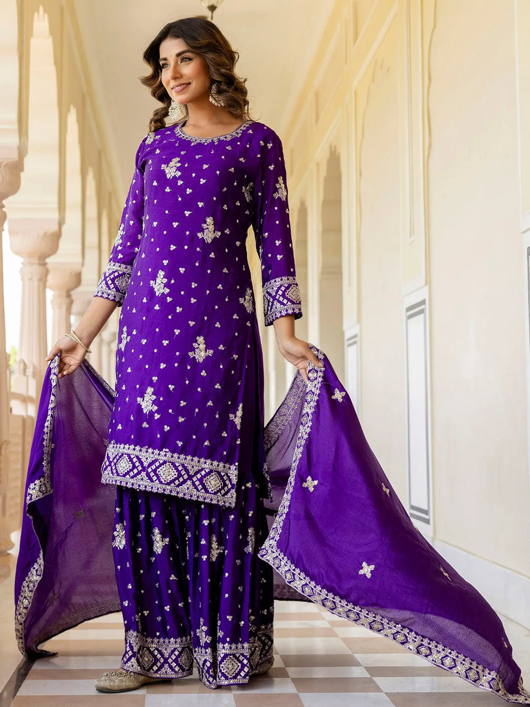 Sparkling Purple Embroidered Chinon Silk Wedding Wear Gharara Suit