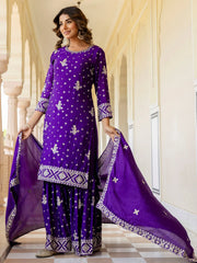 Sparkling Purple Embroidered Chinon Silk Wedding Wear Gharara Suit