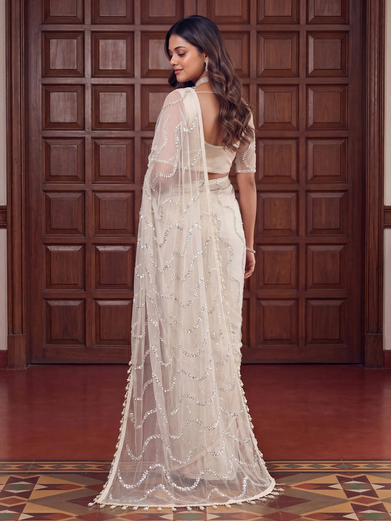 Pretty Off White Peral Work Net Party Wear Saree With Blouse