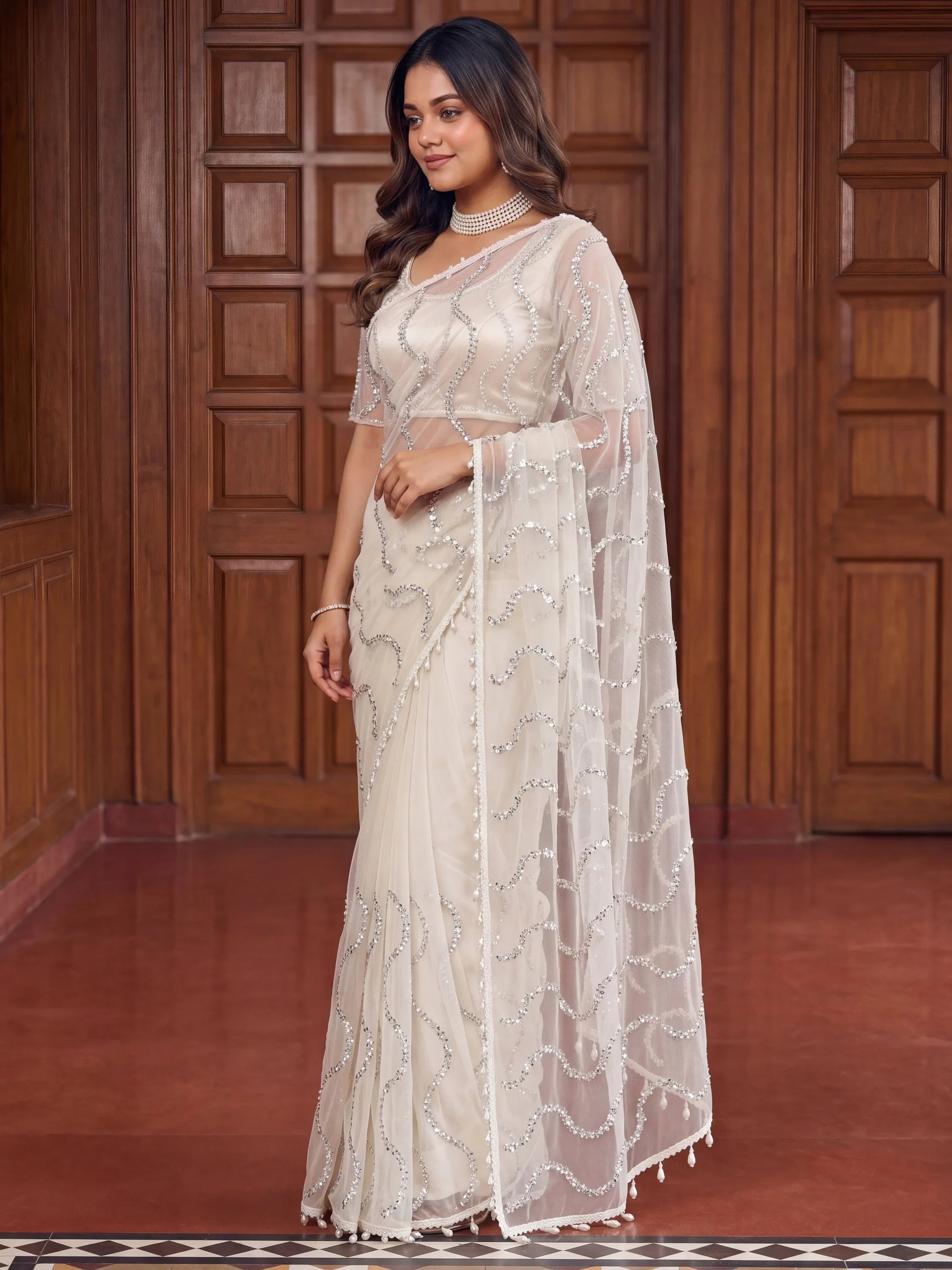 Pretty Off White Peral Work Net Party Wear Saree With Blouse