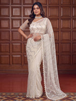 Pretty Off White Peral Work Net Evening Wear Saree With Blouse