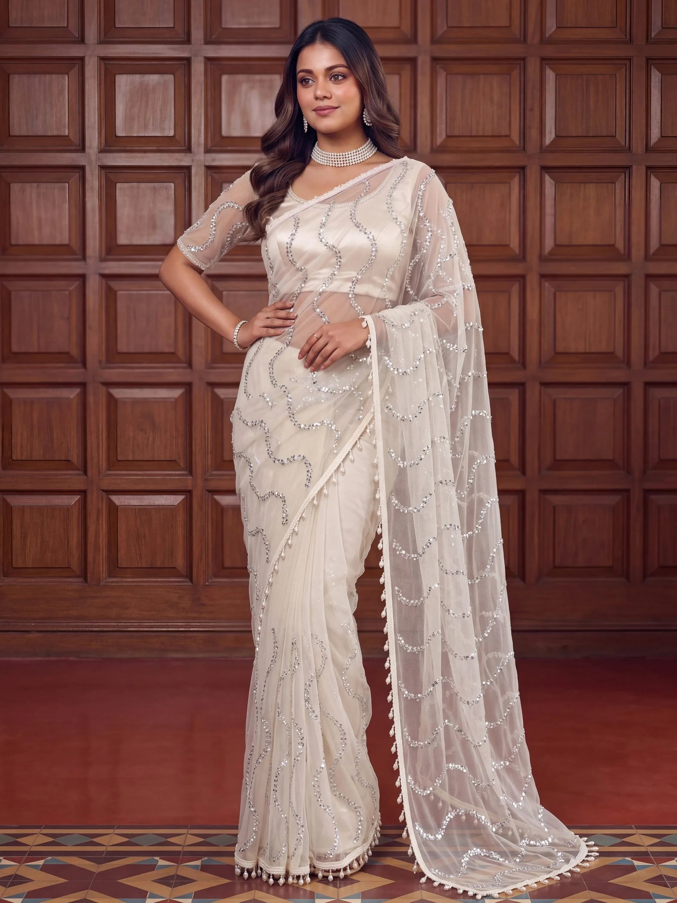 Pretty Off White Peral Work Net Party Wear Saree With Blouse