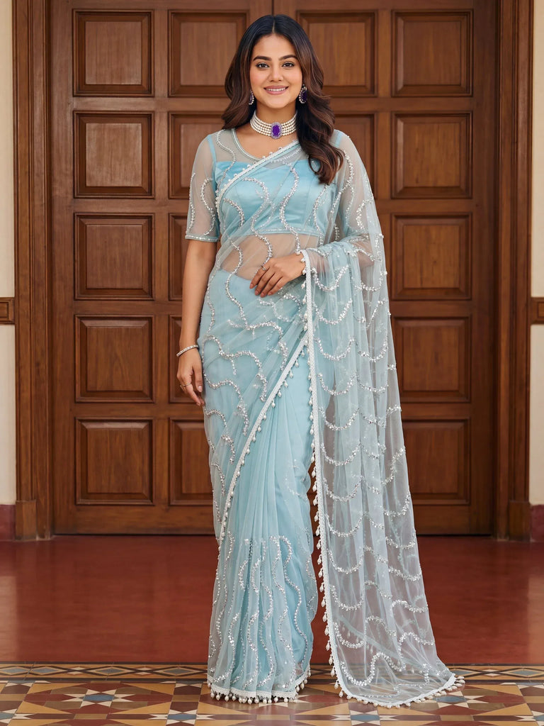 Wonderful Sky Blue Sequins Net Party Wear Saree With Blouse