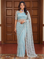 Wonderful Sky Blue Sequins Net Party Wear Saree With Blouse
