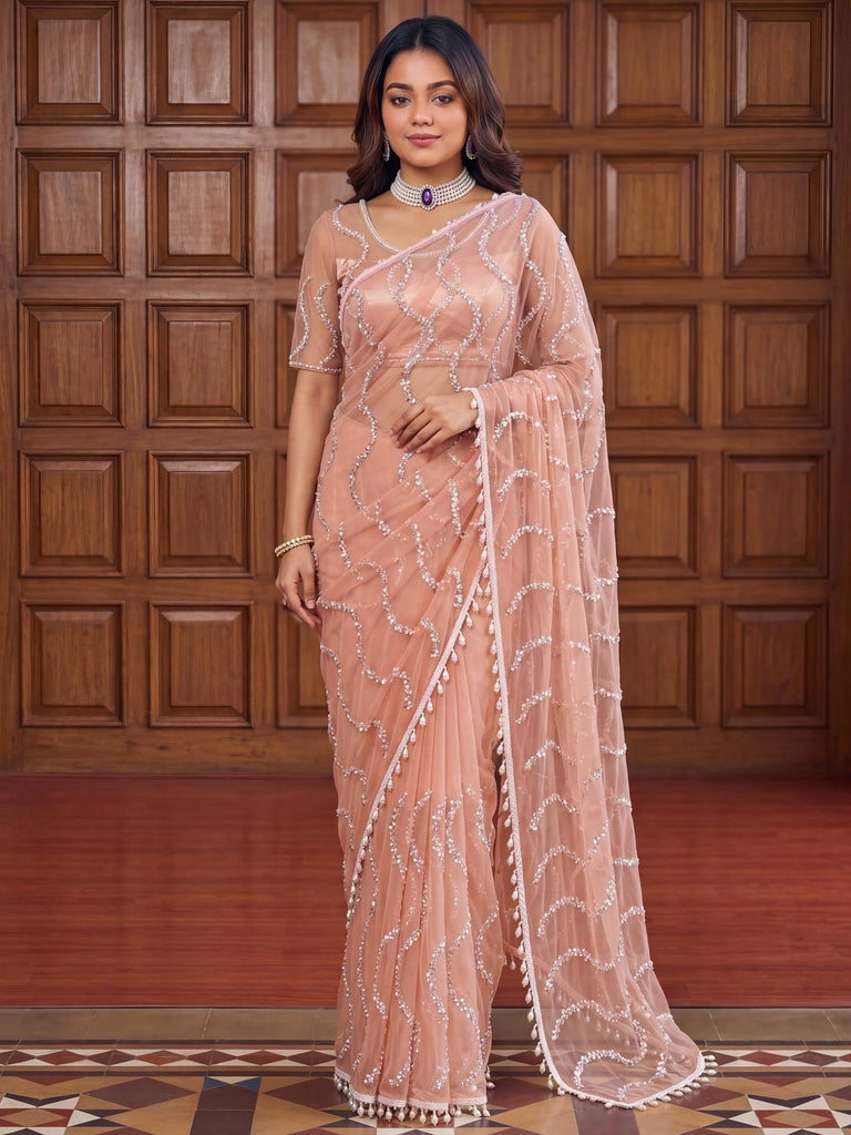 Elegant Peach Bead Embroidery Net Reception Wear Saree With Blouse
