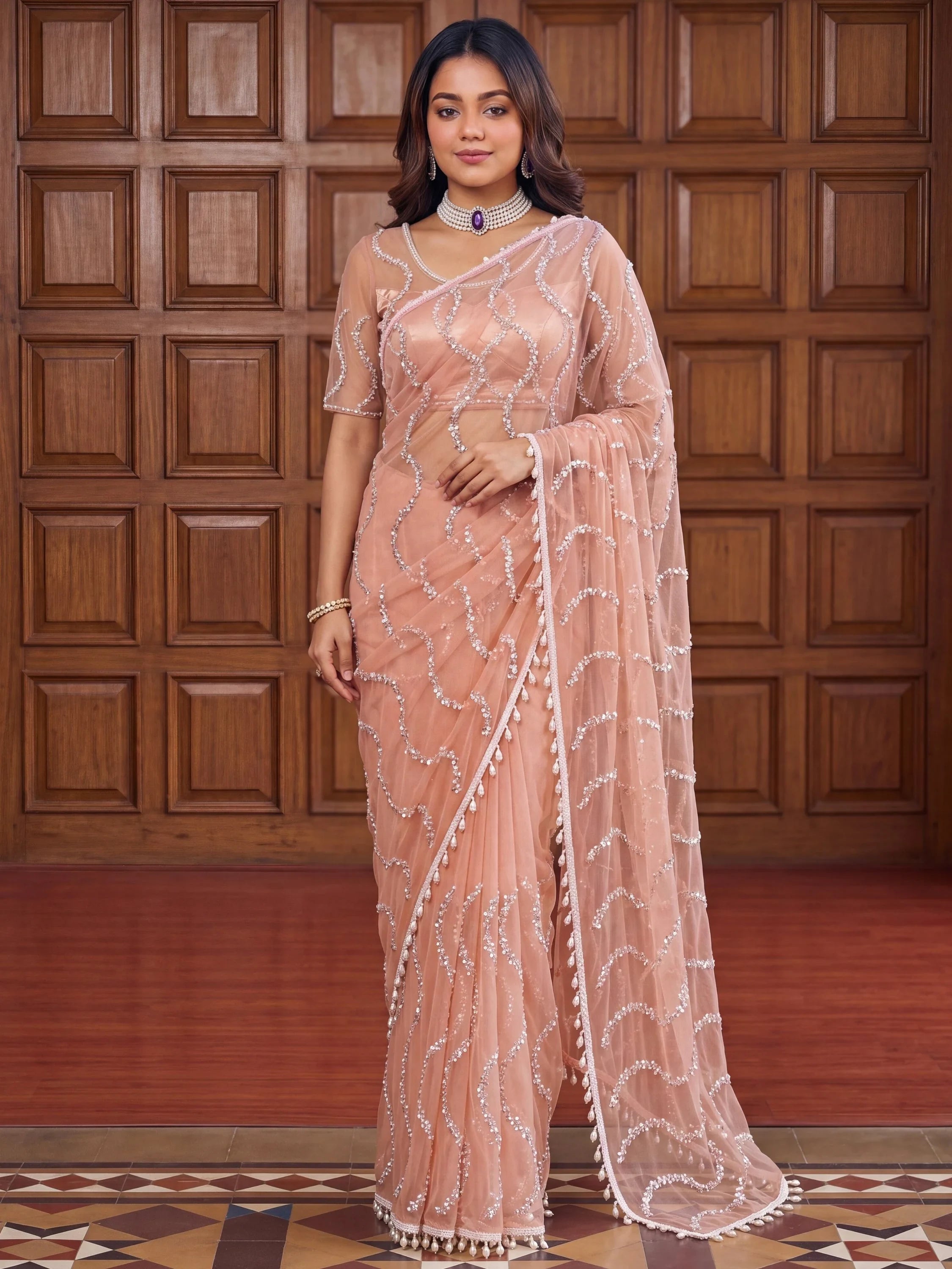 Elegant Peach Bead Embroidery Net Reception Wear Saree With Blouse
