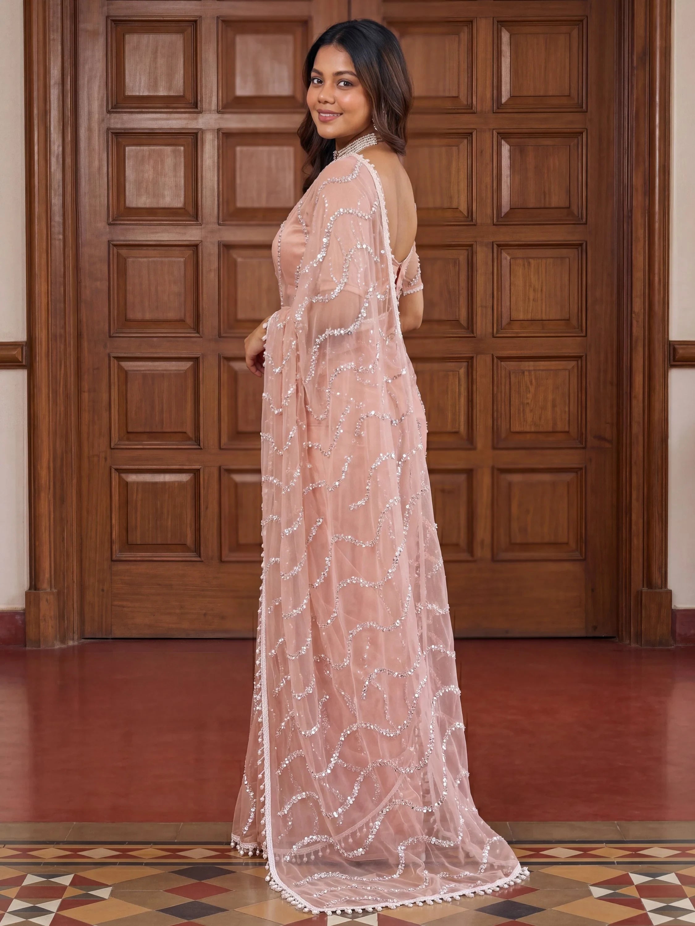 Elegant Peach Bead Embroidery Net Reception Wear Saree With Blouse