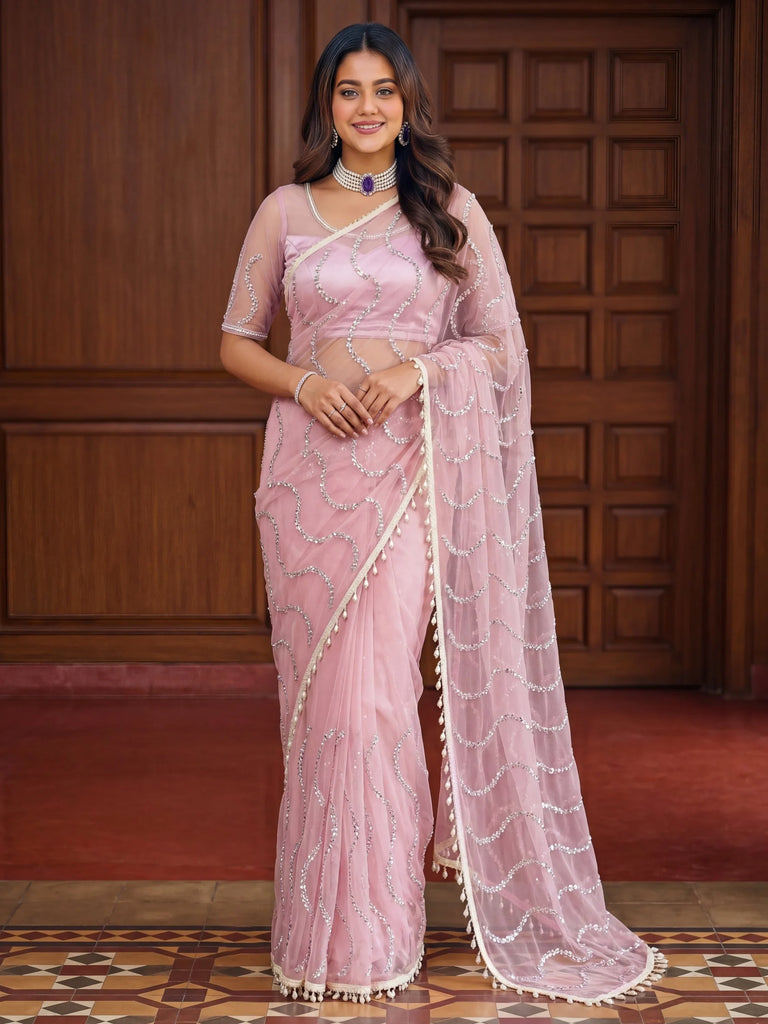 Gorgeous Pink Bead Work Net Engagement Wear Saree With Blouse