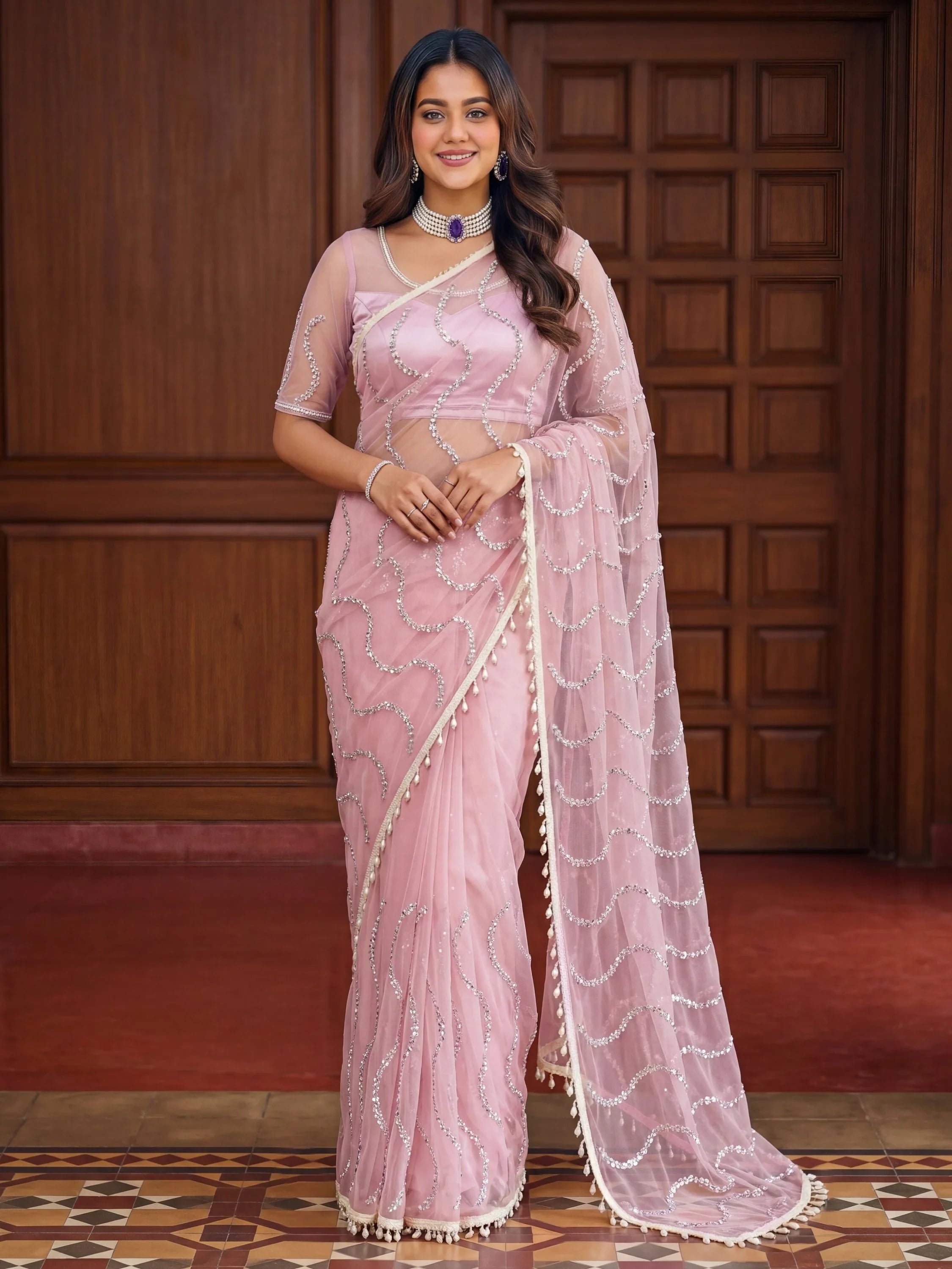 Gorgeous Pink Bead Work Net Engagement Wear Saree With Blouse