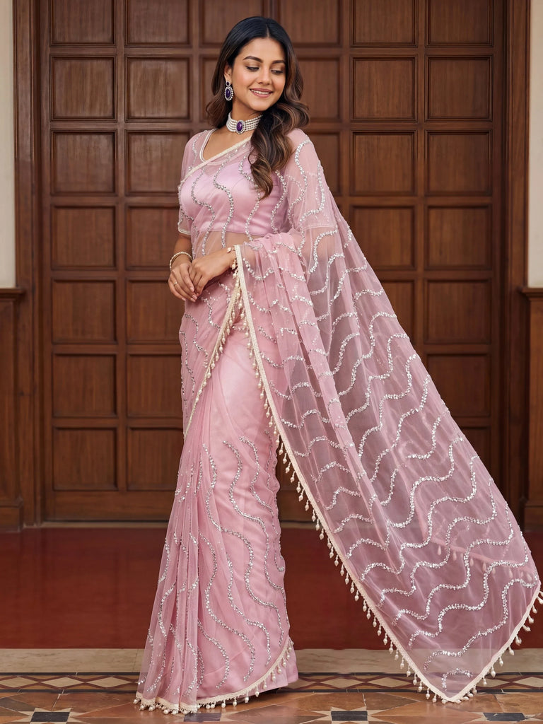 Gorgeous Pink Bead Work Net Engagement Wear Saree With Blouse